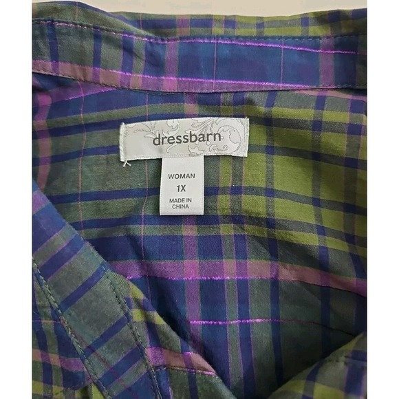 Dressbarn ~Woman Plus Size 1X~ Green/Pink Plaid Button-Up Long Sleeve Shirt Top. - Picture 7 of 9
